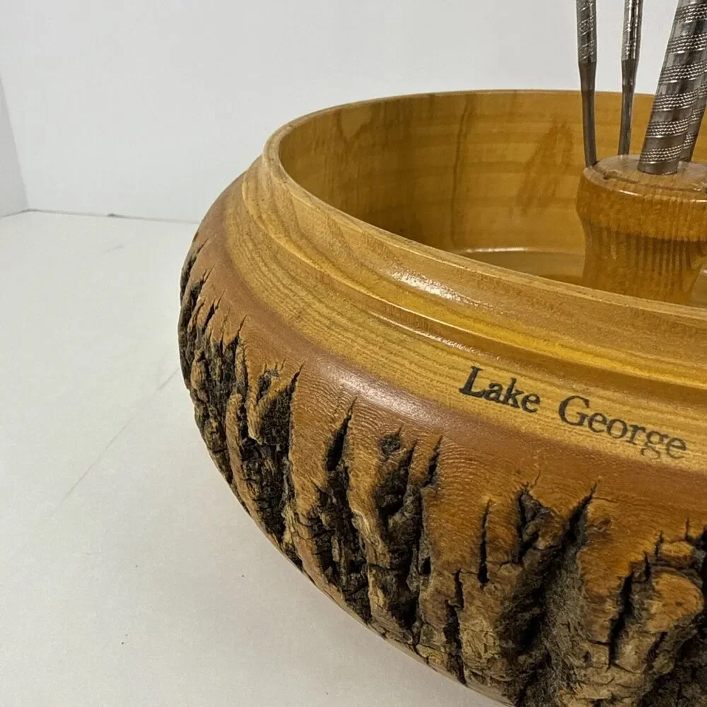 Nut Cracker Set Wooden Log Bark Bowl with 2x Crackers & 4 Picks Set Lake George